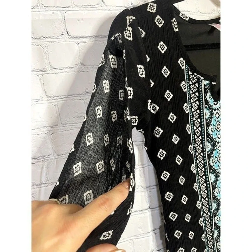 Justice Girls Black Turquoise Geometric Boho Cold Shoulder Tunic Top Size 18